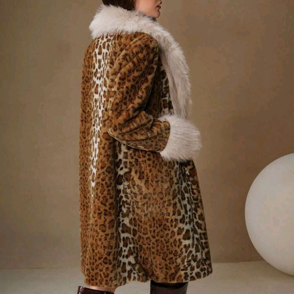 Faux Fur Leopard Print Fluffy Trim A-Line Waist Long Women's Coat - Picture 7 of 9